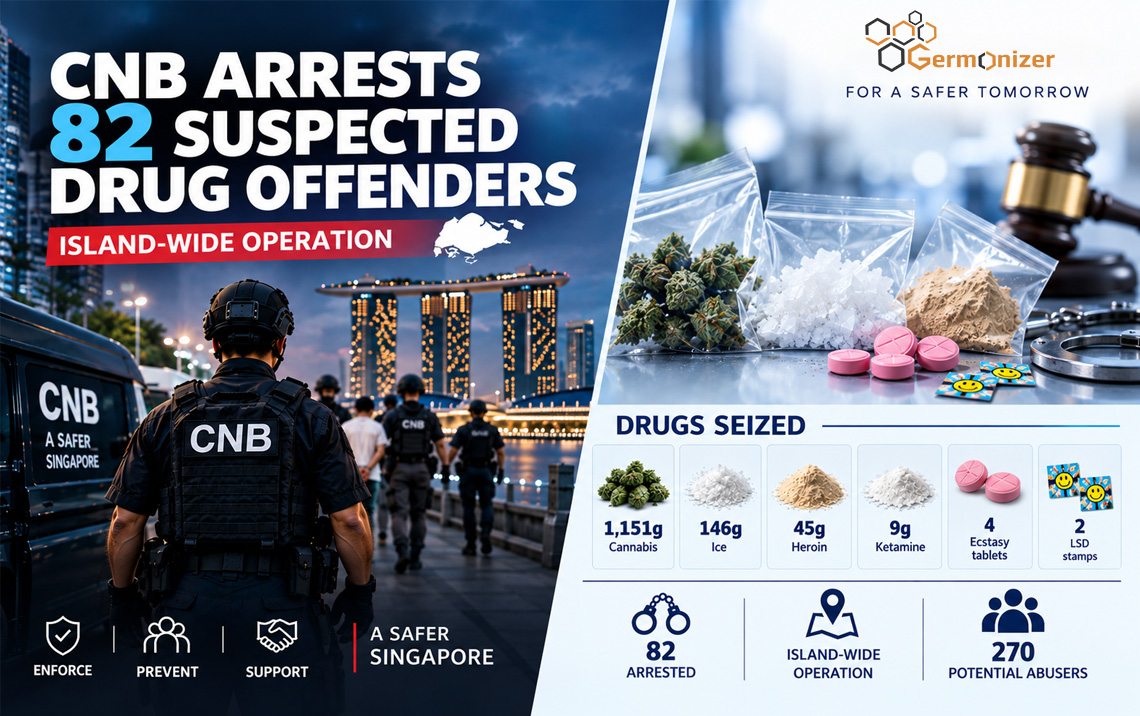 Singapore's Central Narcotics Bureau (CNB) arrested 82 suspected drug offenders